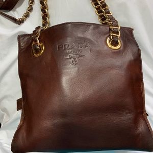 PRADA VINTAGE LEATHER & NYLON GOLD CHAIN BAG TOTE
